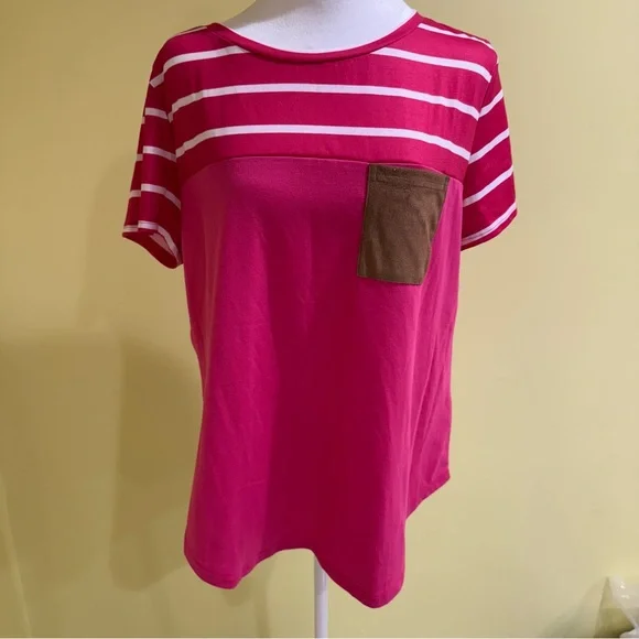 Vibrant Pink Striped Tee with Brown Pocket - Picture 4 of 10